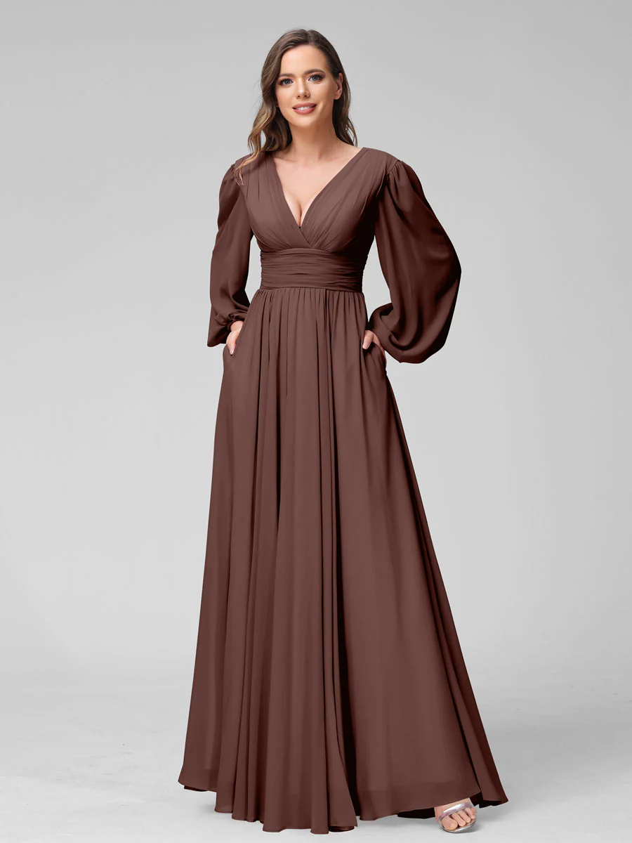 A-Line V-Neck Long Sleeves Long Chiffon Bridesmaid Dresses With Split Side Pockets - Image 76