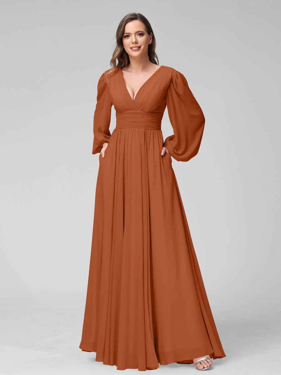 A-Line V-Neck Long Sleeves Long Chiffon Bridesmaid Dresses With Split Side Pockets - Image 9