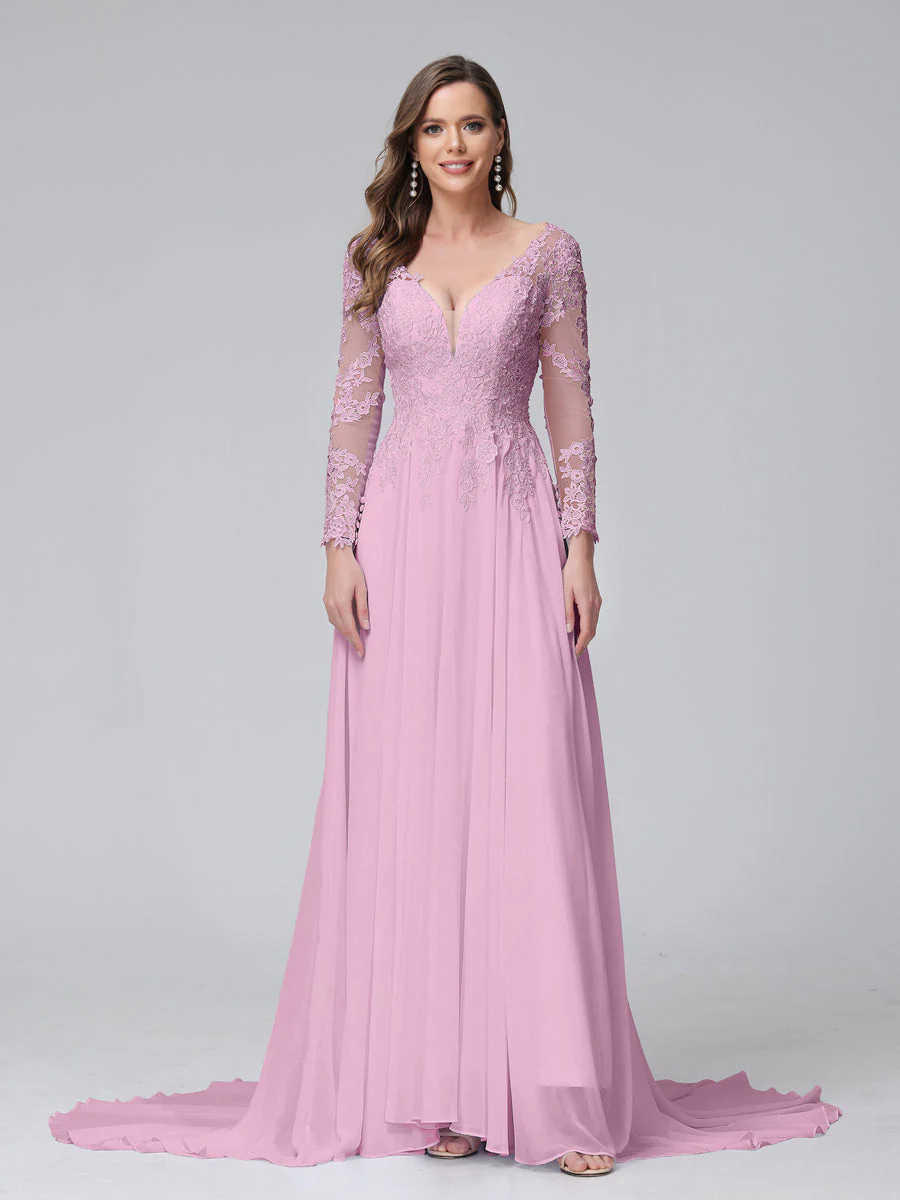 A-Line V-Neck Long Sleeves Long Chiffon Wedding Dresses with Lace Applique - Image 10