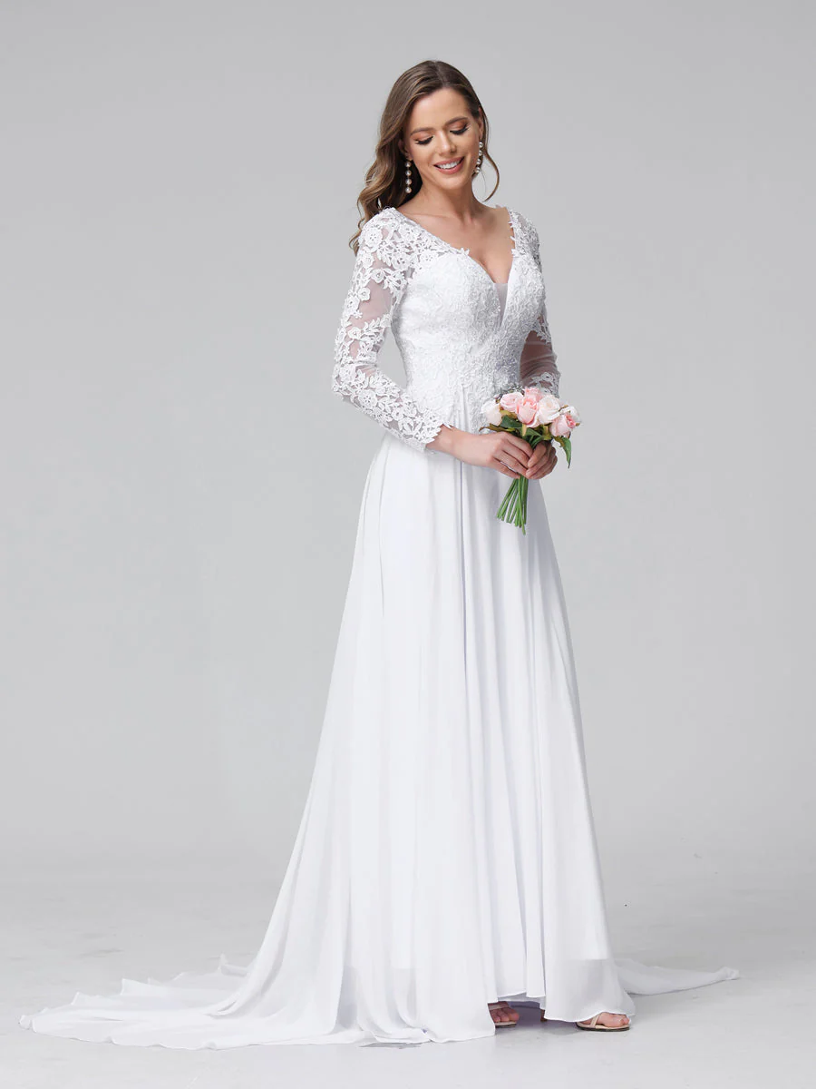 A-Line V-Neck Long Sleeves Long Chiffon Wedding Dresses with Lace Applique - Image 6