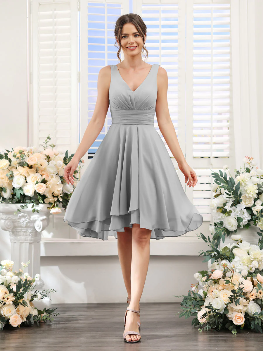 A-Line V-Neck Ruched Sleeveless Short Chiffon Bridesmaid Dresses - Image 21