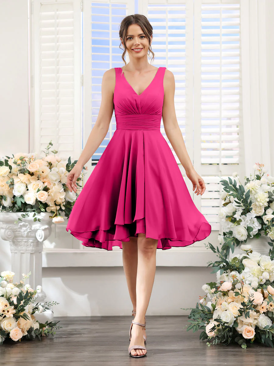 A-Line V-Neck Ruched Sleeveless Short Chiffon Bridesmaid Dresses - Image 33