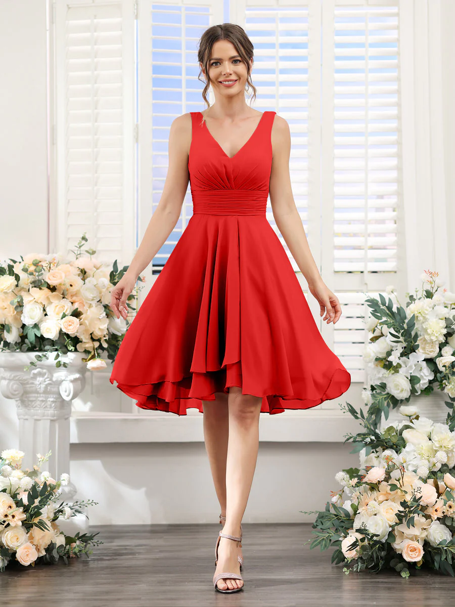 A-Line V-Neck Ruched Sleeveless Short Chiffon Bridesmaid Dresses - Image 35