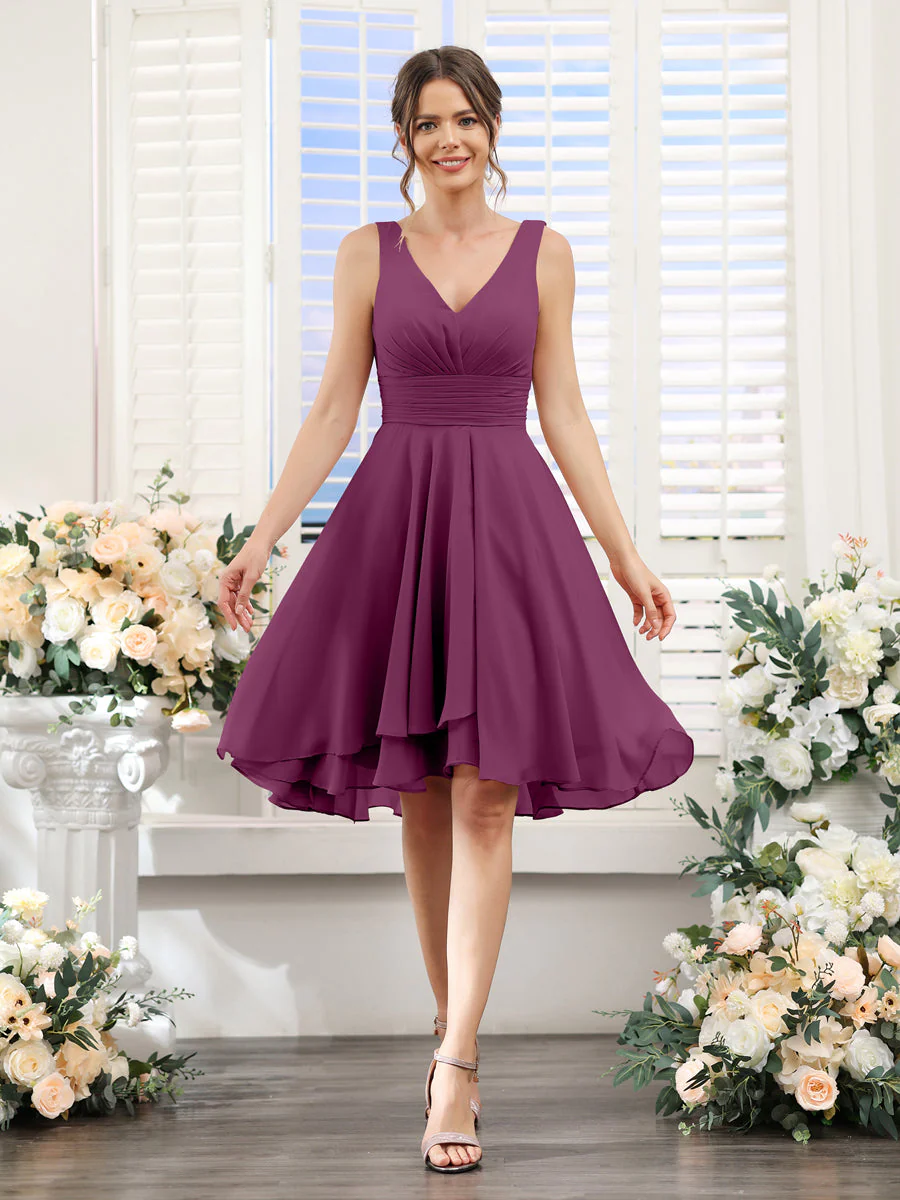 A-Line V-Neck Ruched Sleeveless Short Chiffon Bridesmaid Dresses - Image 43