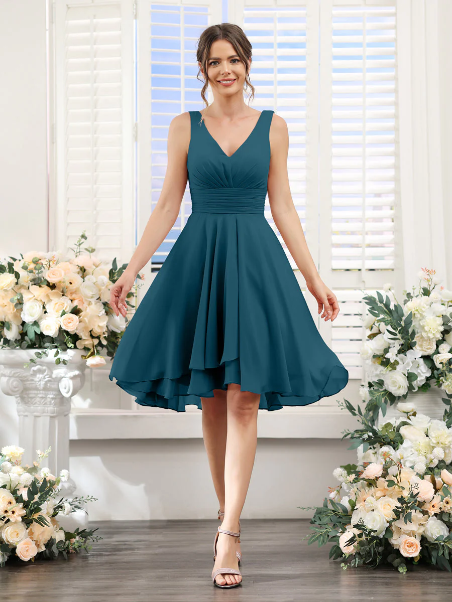 A-Line V-Neck Ruched Sleeveless Short Chiffon Bridesmaid Dresses - Image 57