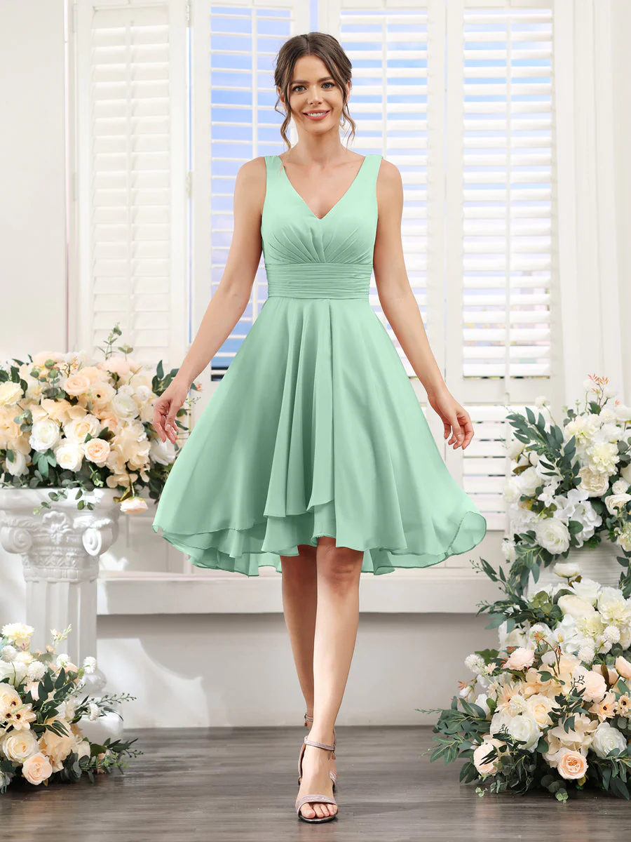 A-Line V-Neck Ruched Sleeveless Short Chiffon Bridesmaid Dresses - Image 60
