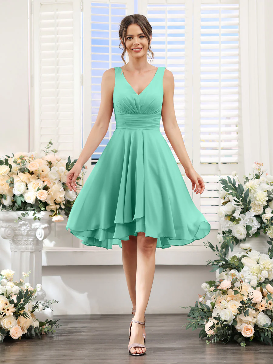 A-Line V-Neck Ruched Sleeveless Short Chiffon Bridesmaid Dresses - Image 61