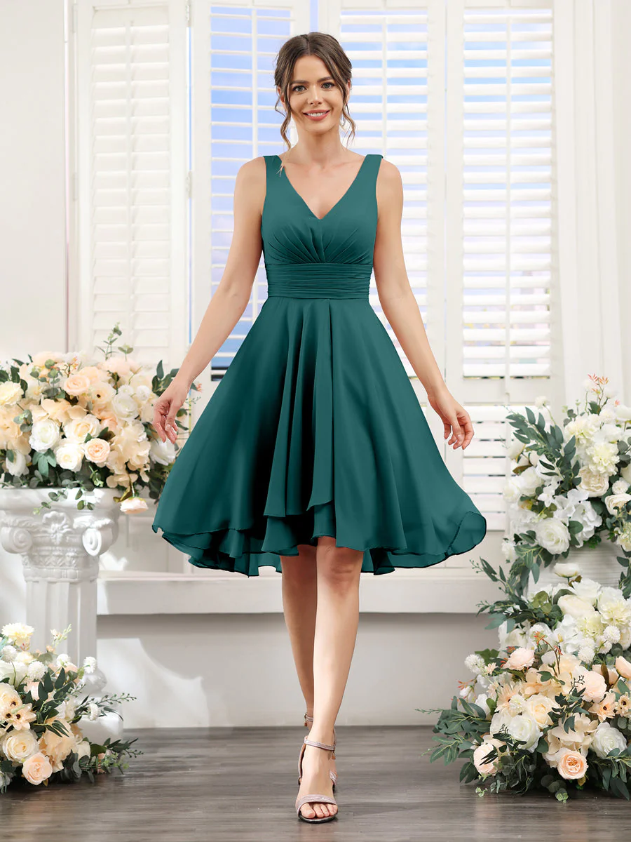 A-Line V-Neck Ruched Sleeveless Short Chiffon Bridesmaid Dresses - Image 65