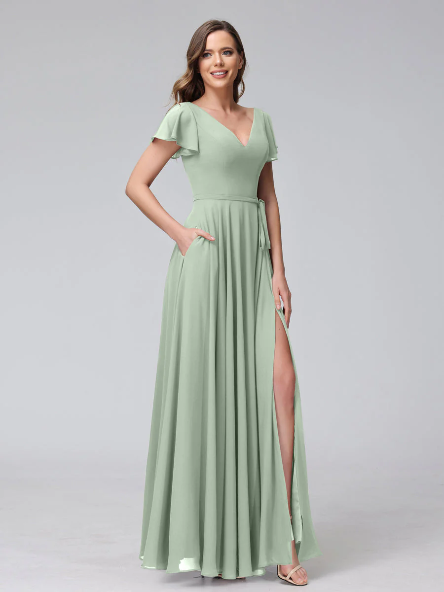A-Line V-Neck Ruffles Short Sleeves Long Chiffon Dresses With Split Side & Pockets - Image 10