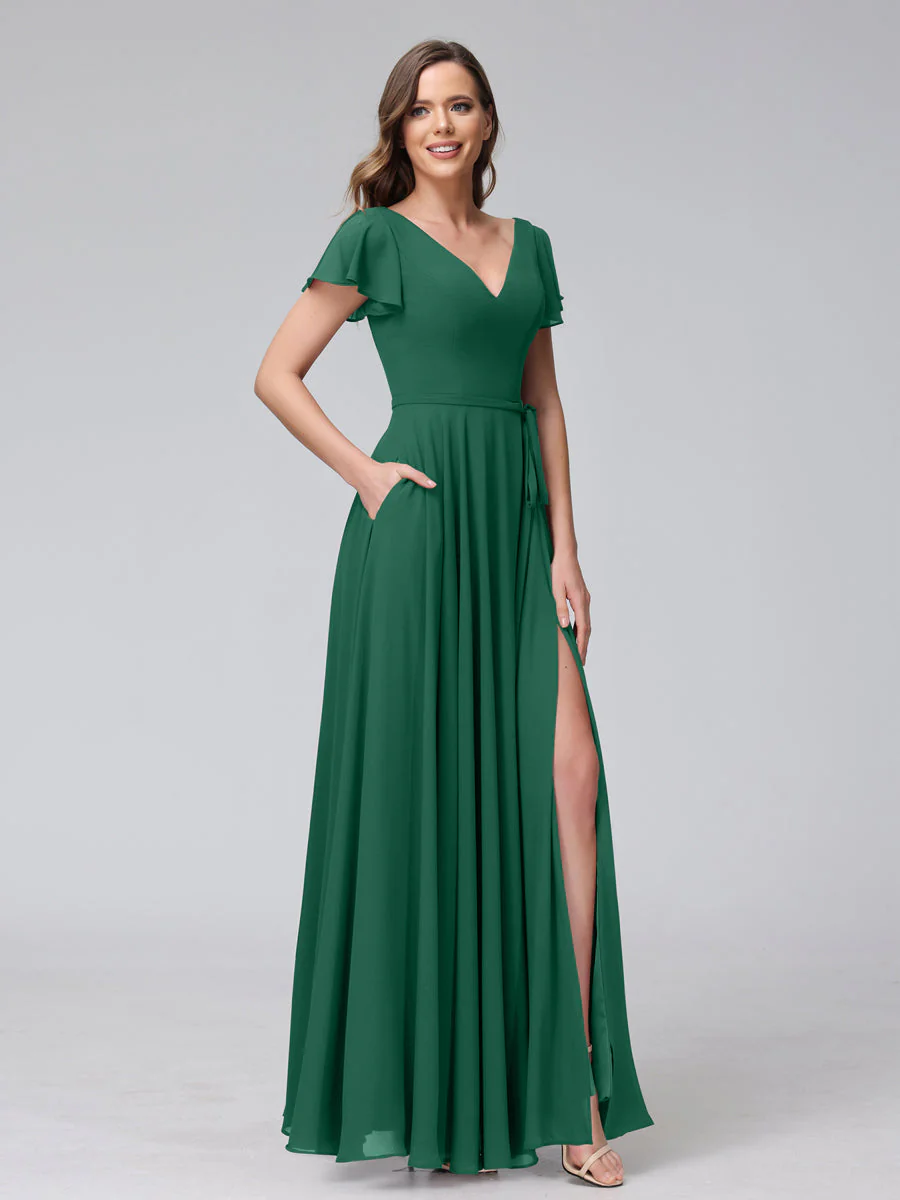 A-Line V-Neck Ruffles Short Sleeves Long Chiffon Dresses With Split Side & Pockets - Image 11