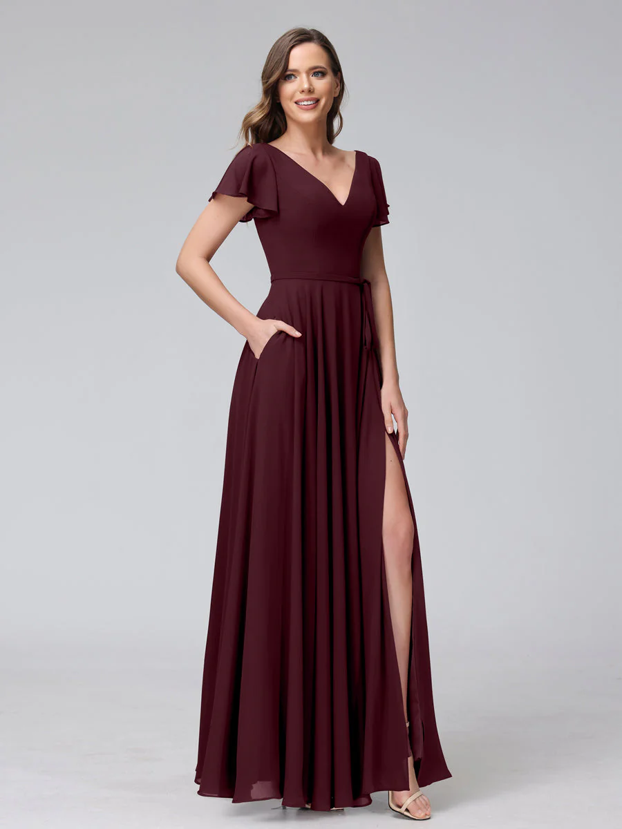A-Line V-Neck Ruffles Short Sleeves Long Chiffon Dresses With Split Side & Pockets - Image 12