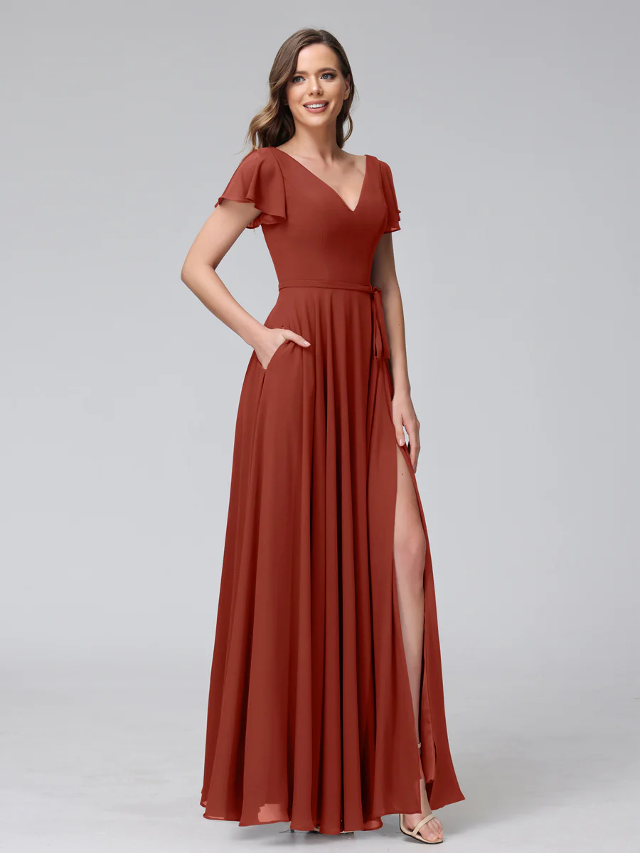 A-Line V-Neck Ruffles Short Sleeves Long Chiffon Dresses With Split Side & Pockets - Image 13