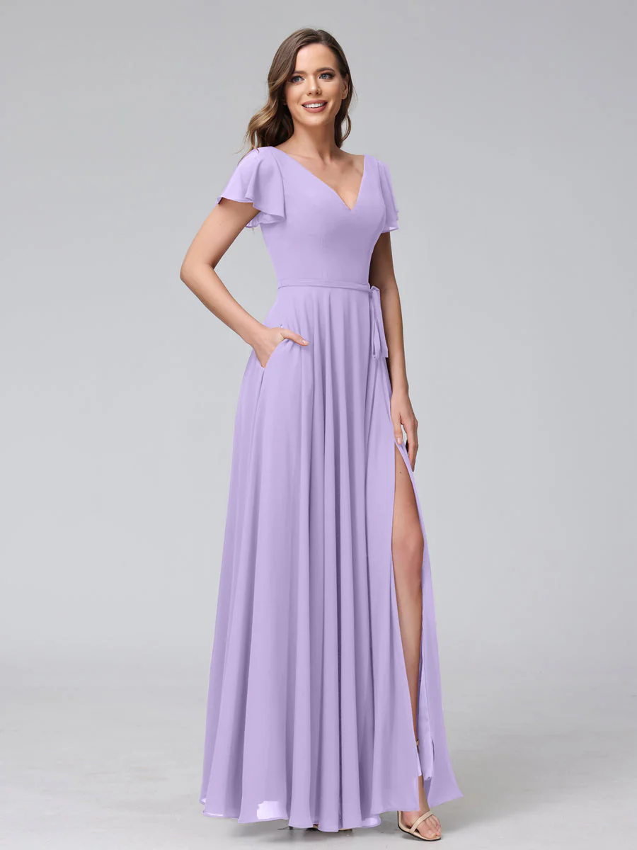 A-Line V-Neck Ruffles Short Sleeves Long Chiffon Dresses With Split Side & Pockets - Image 14