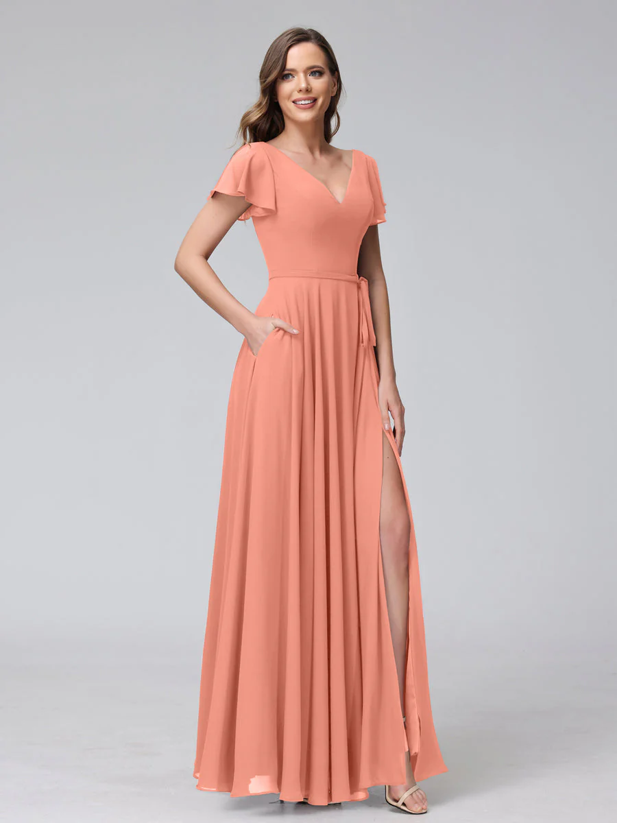 A-Line V-Neck Ruffles Short Sleeves Long Chiffon Dresses With Split Side & Pockets - Image 15