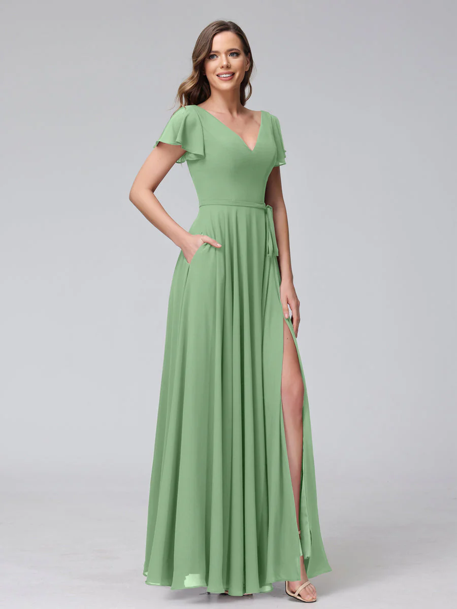 A-Line V-Neck Ruffles Short Sleeves Long Chiffon Dresses With Split Side & Pockets - Image 16