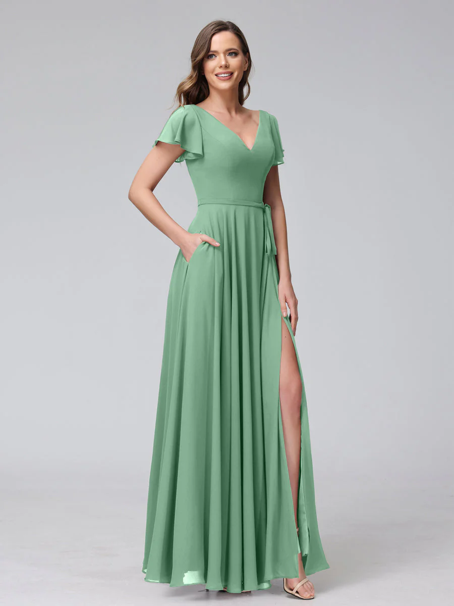 A-Line V-Neck Ruffles Short Sleeves Long Chiffon Dresses With Split Side & Pockets - Image 17