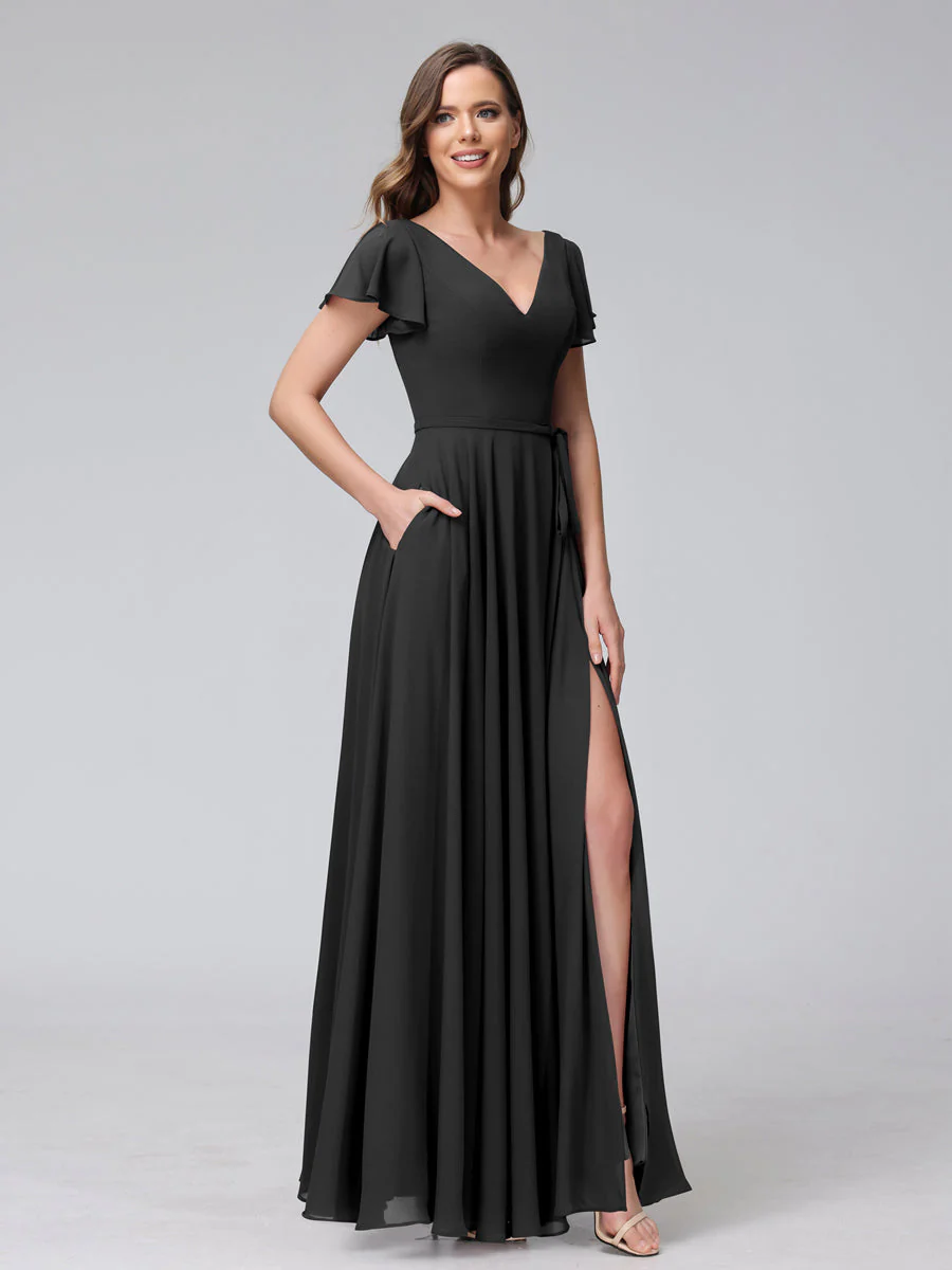 A-Line V-Neck Ruffles Short Sleeves Long Chiffon Dresses With Split Side & Pockets - Image 18
