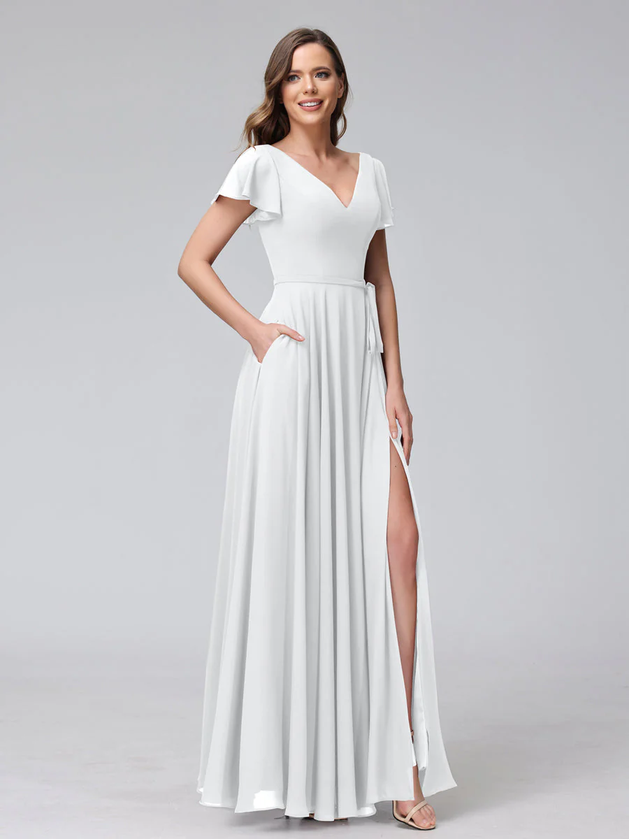 A-Line V-Neck Ruffles Short Sleeves Long Chiffon Dresses With Split Side & Pockets - Image 19