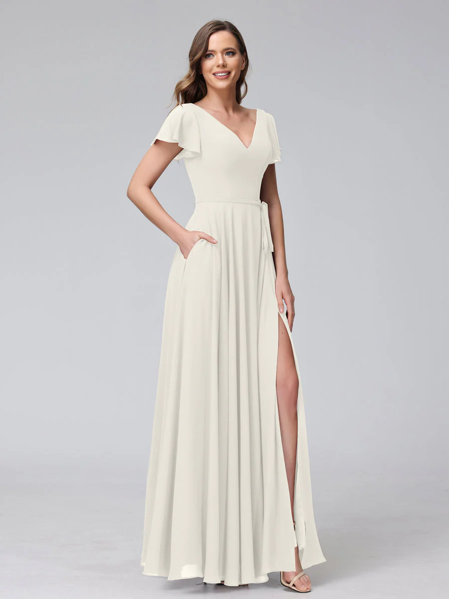 A-Line V-Neck Ruffles Short Sleeves Long Chiffon Dresses With Split Side & Pockets - Image 21