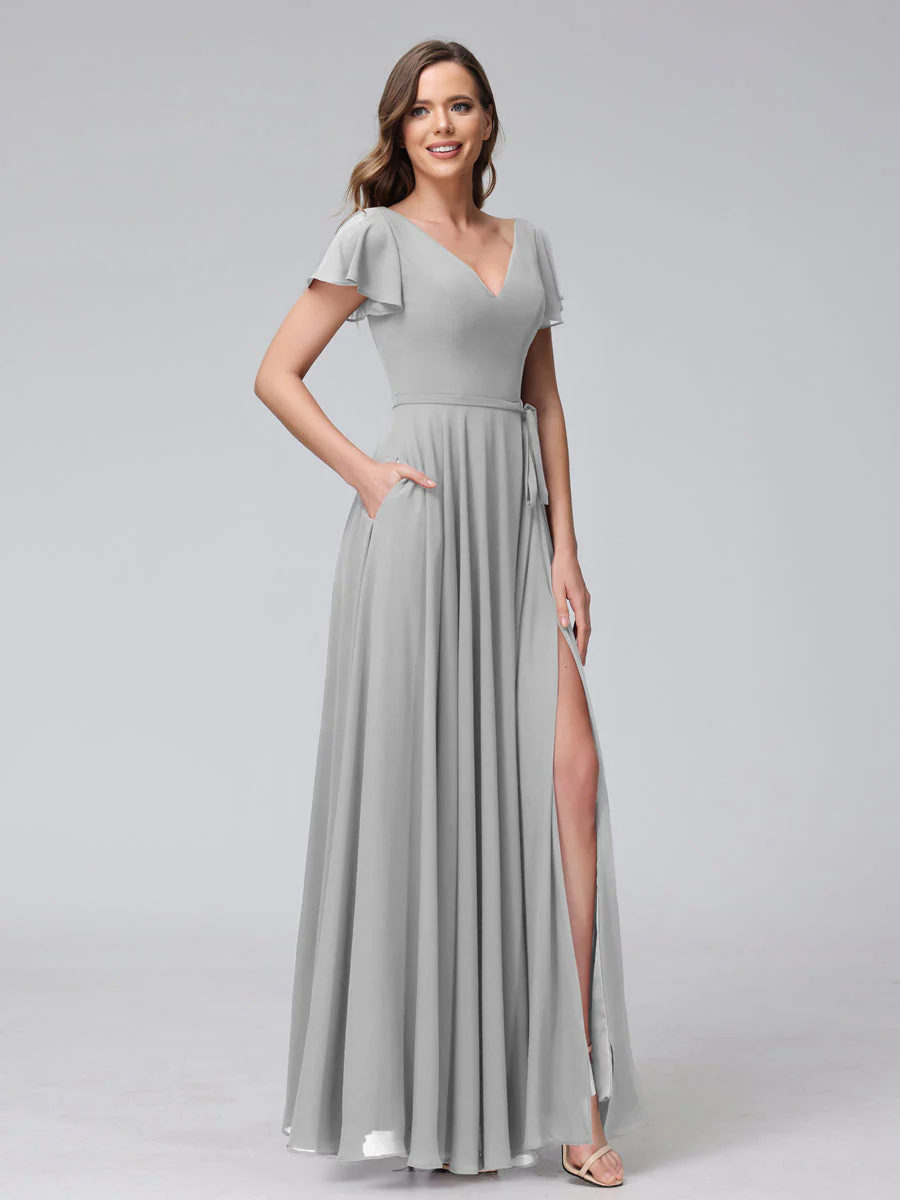 A-Line V-Neck Ruffles Short Sleeves Long Chiffon Dresses With Split Side & Pockets - Image 22