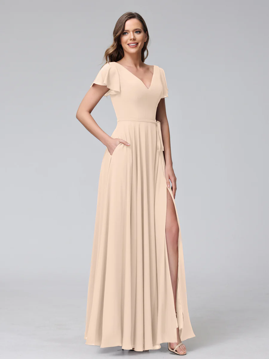 A-Line V-Neck Ruffles Short Sleeves Long Chiffon Dresses With Split Side & Pockets - Image 23