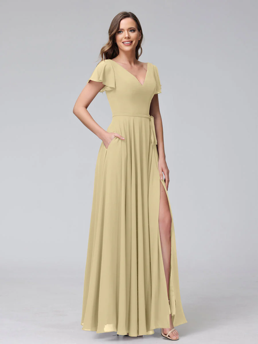 A-Line V-Neck Ruffles Short Sleeves Long Chiffon Dresses With Split Side & Pockets - Image 24
