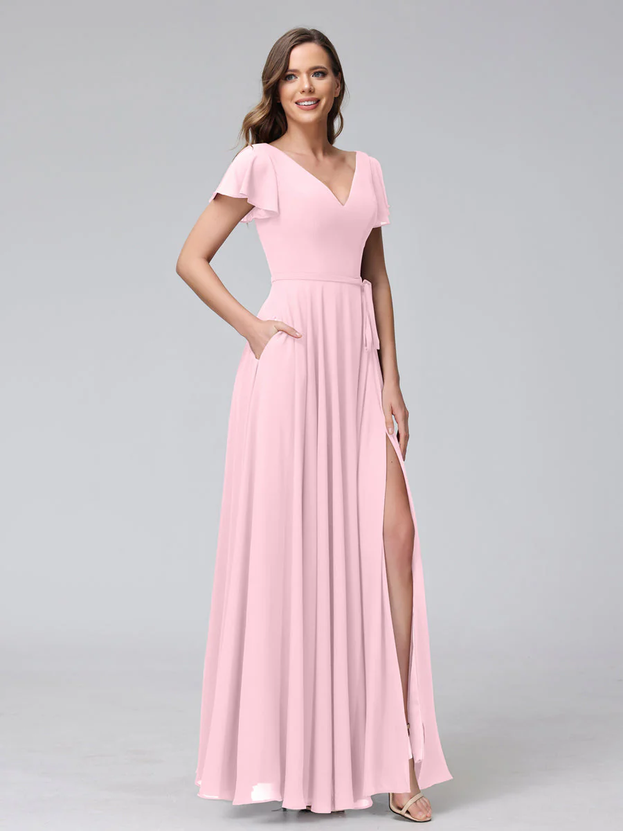A-Line V-Neck Ruffles Short Sleeves Long Chiffon Dresses With Split Side & Pockets - Image 25