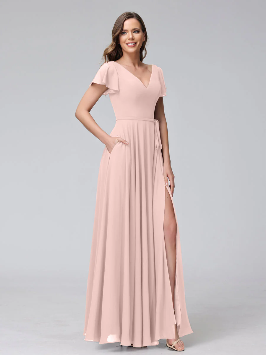 A-Line V-Neck Ruffles Short Sleeves Long Chiffon Dresses With Split Side & Pockets - Image 26