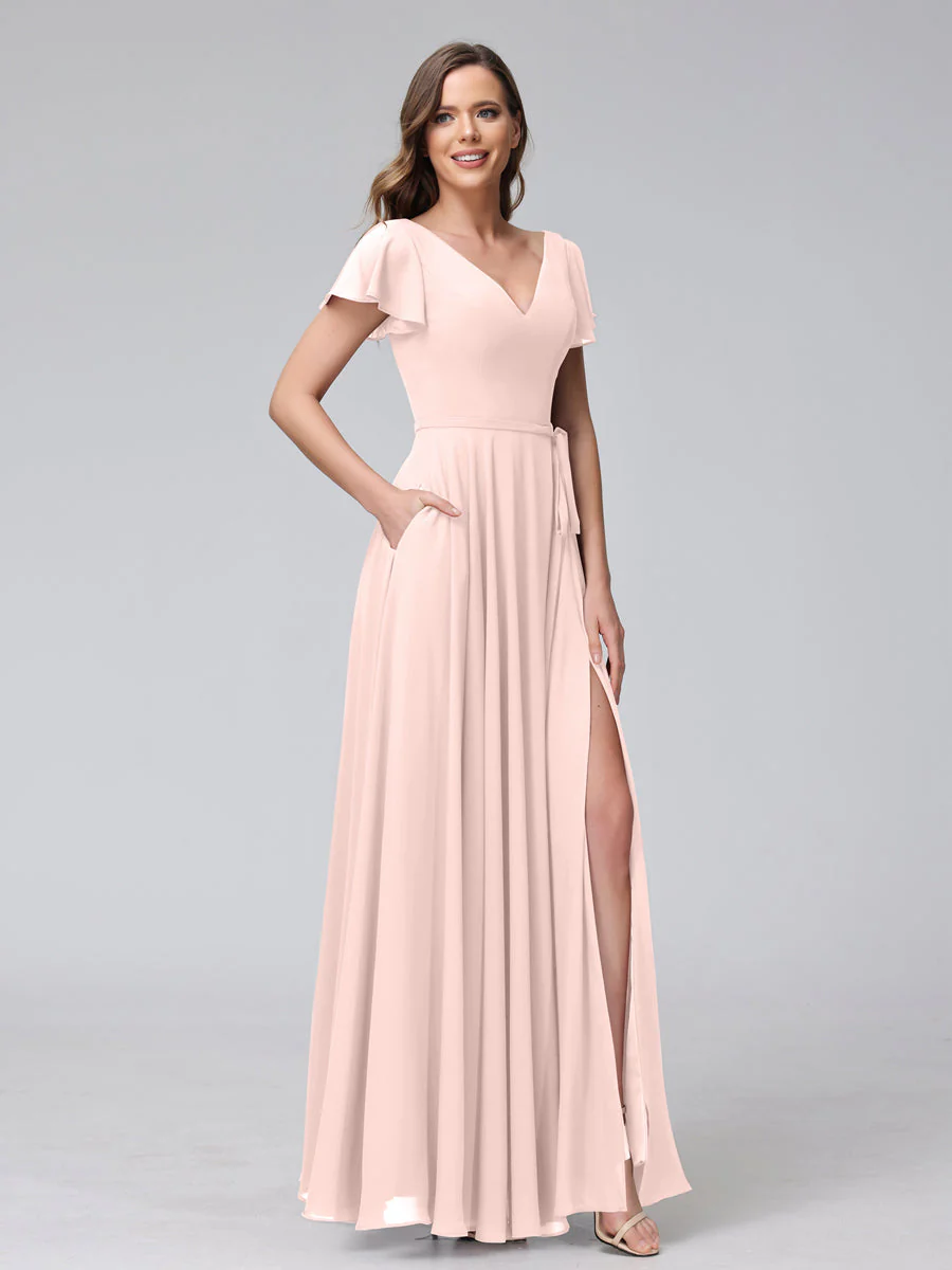 A-Line V-Neck Ruffles Short Sleeves Long Chiffon Dresses With Split Side & Pockets - Image 27