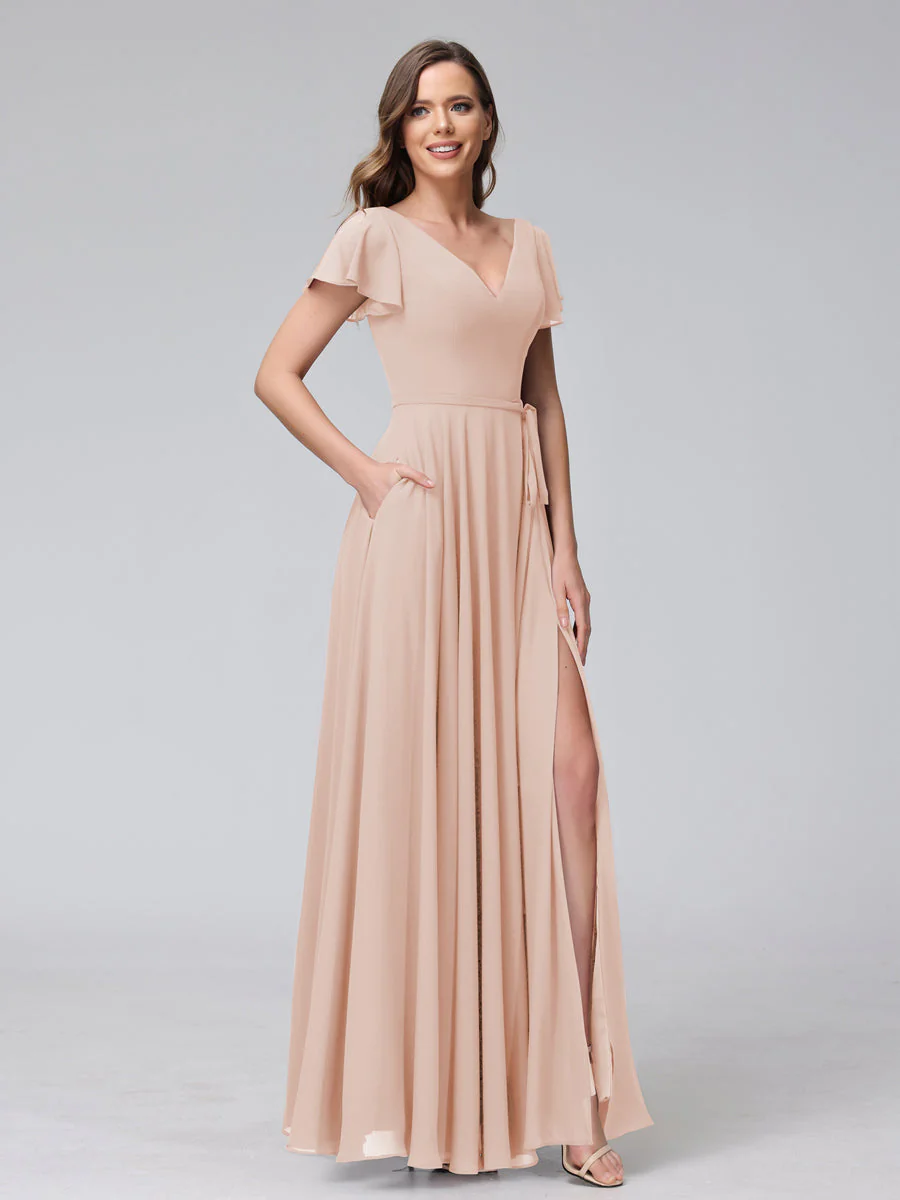 A-Line V-Neck Ruffles Short Sleeves Long Chiffon Dresses With Split Side & Pockets - Image 28