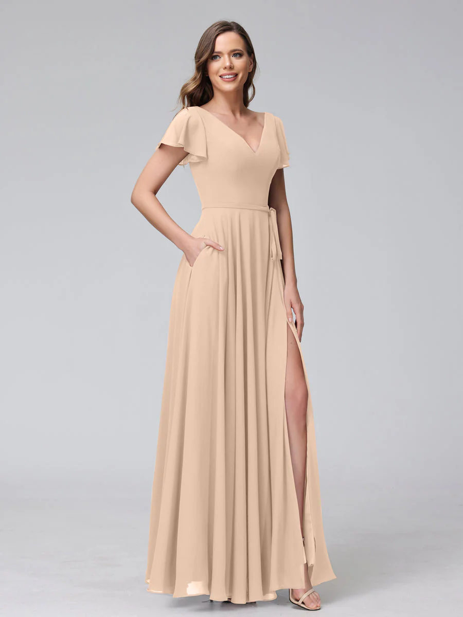 A-Line V-Neck Ruffles Short Sleeves Long Chiffon Dresses With Split Side & Pockets - Image 29