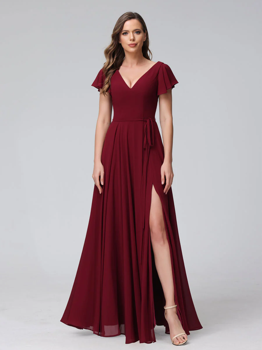 A-Line V-Neck Ruffles Short Sleeves Long Chiffon Dresses With Split Side & Pockets - Image 3