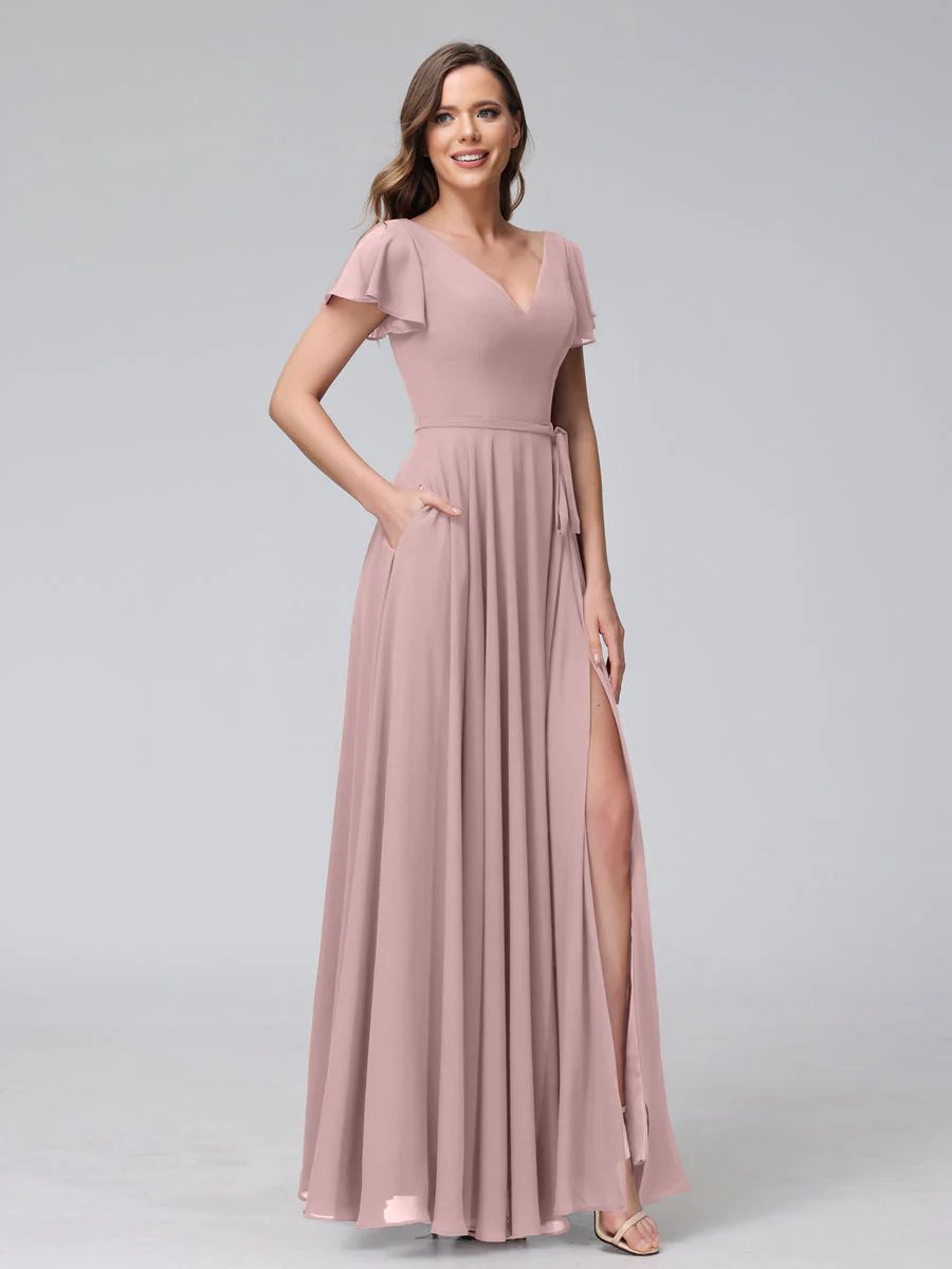 A-Line V-Neck Ruffles Short Sleeves Long Chiffon Dresses With Split Side & Pockets - Image 30