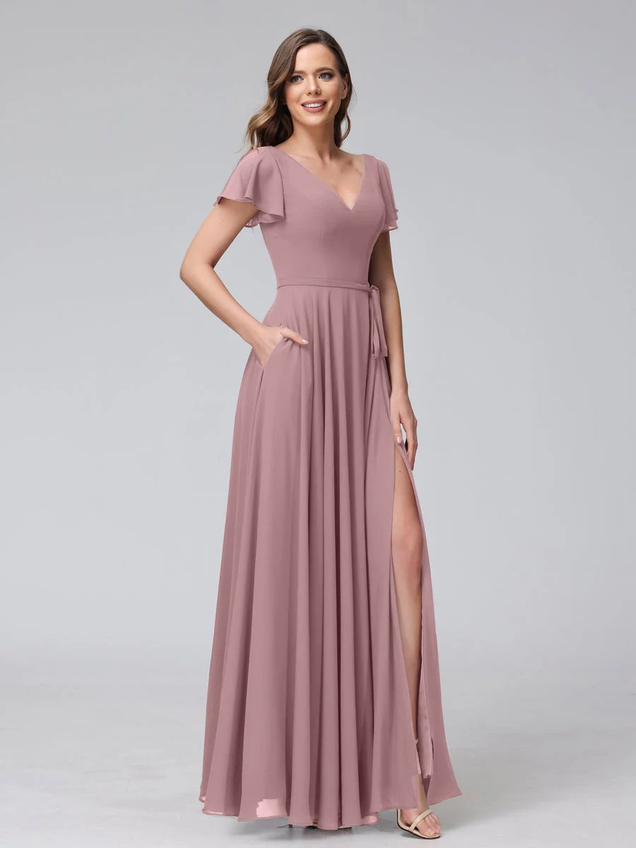 A-Line V-Neck Ruffles Short Sleeves Long Chiffon Dresses With Split Side & Pockets - Image 31
