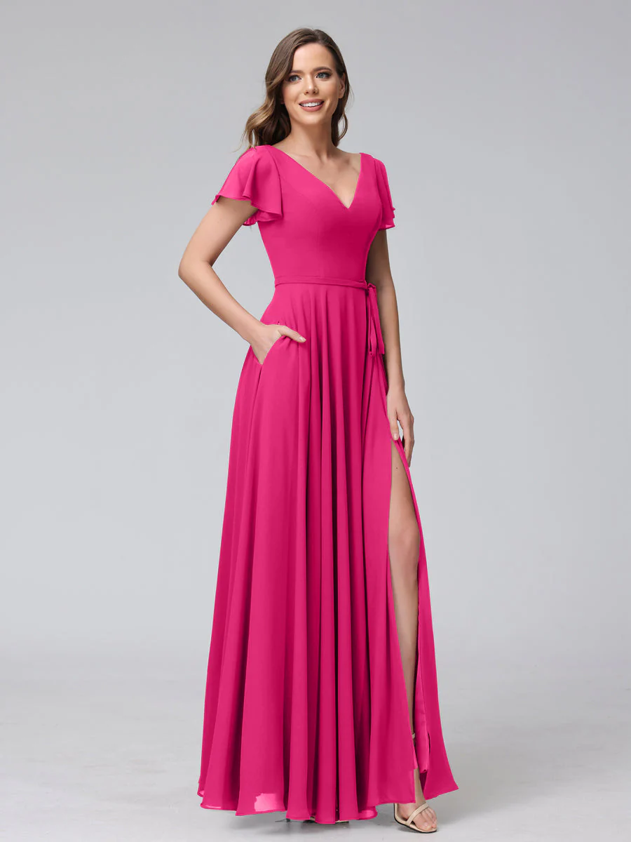A-Line V-Neck Ruffles Short Sleeves Long Chiffon Dresses With Split Side & Pockets - Image 34