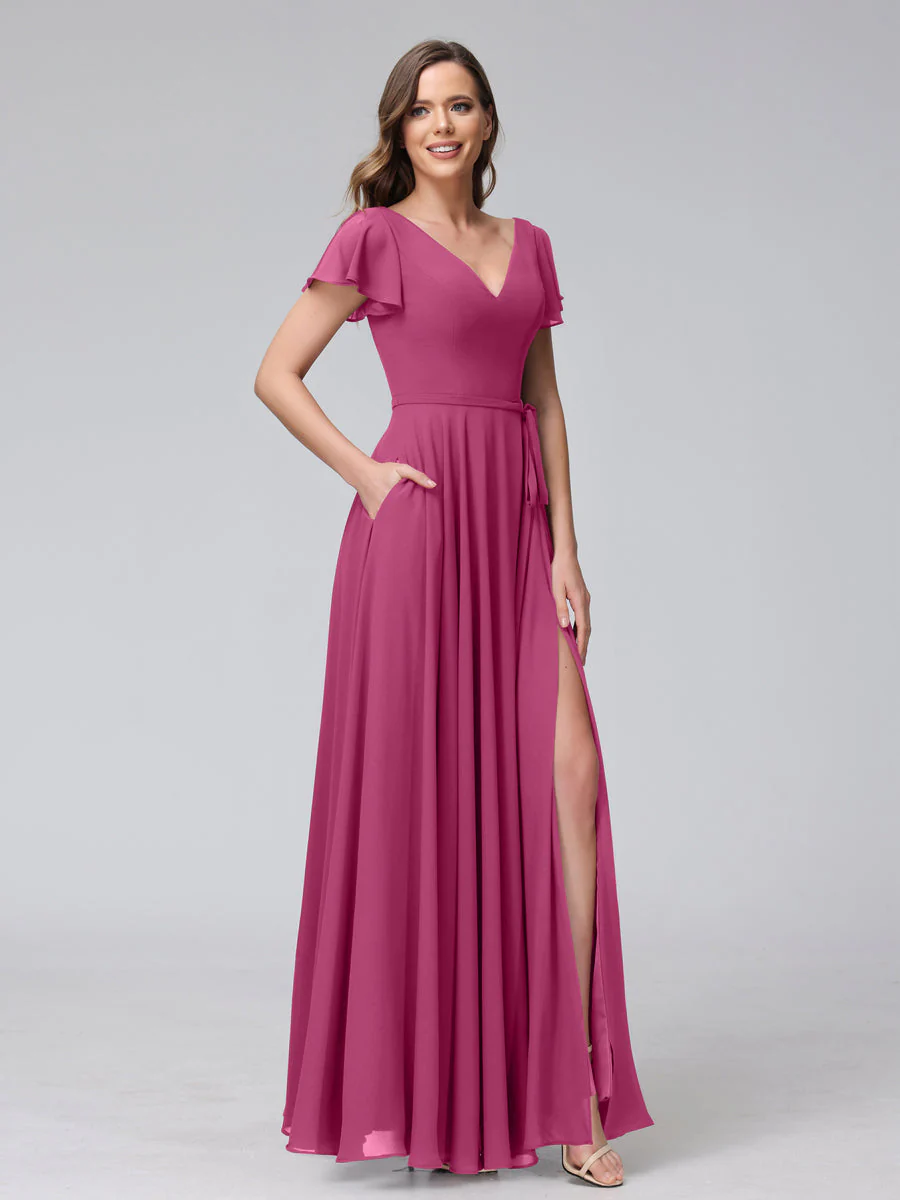 A-Line V-Neck Ruffles Short Sleeves Long Chiffon Dresses With Split Side & Pockets - Image 35