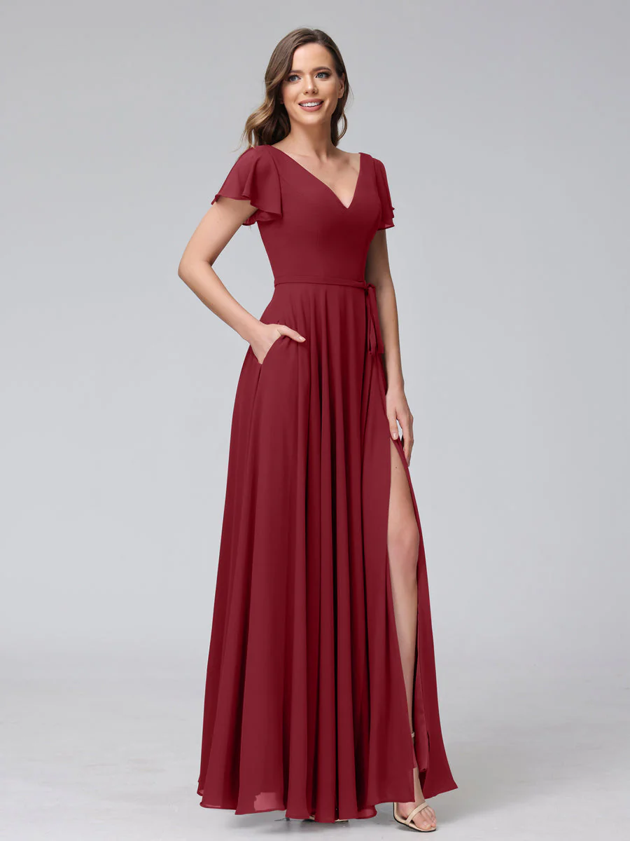 A-Line V-Neck Ruffles Short Sleeves Long Chiffon Dresses With Split Side & Pockets - Image 37