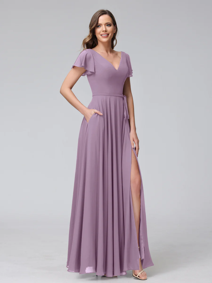 A-Line V-Neck Ruffles Short Sleeves Long Chiffon Dresses With Split Side & Pockets - Image 39
