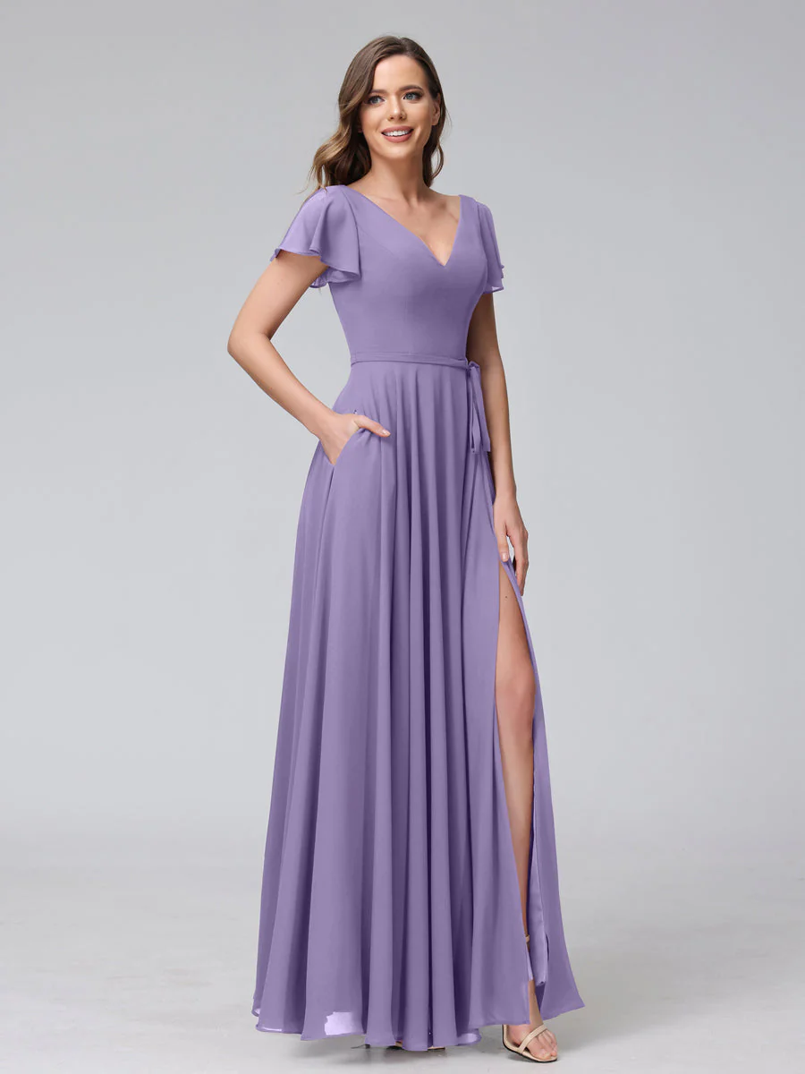 A-Line V-Neck Ruffles Short Sleeves Long Chiffon Dresses With Split Side & Pockets - Image 40