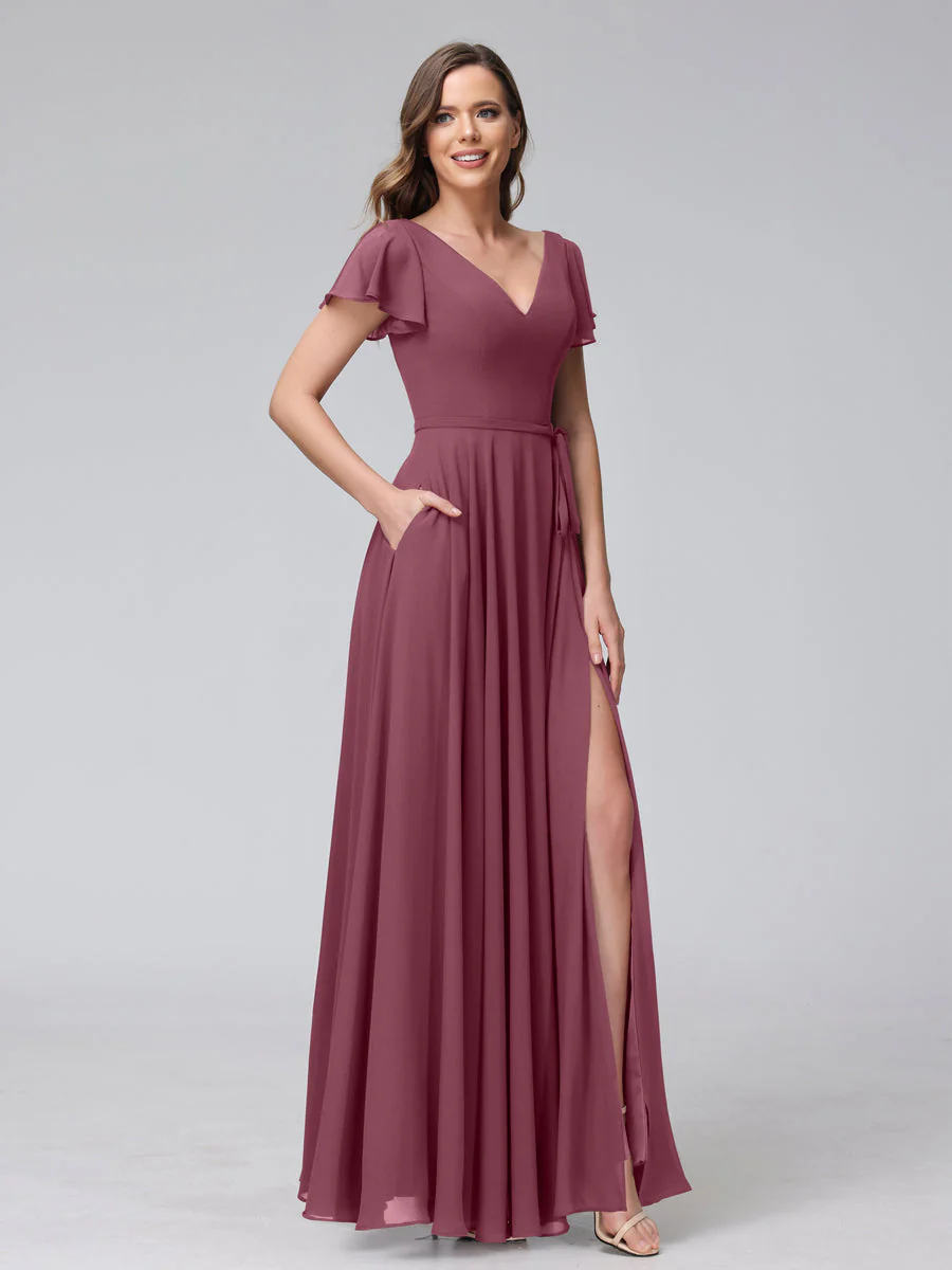 A-Line V-Neck Ruffles Short Sleeves Long Chiffon Dresses With Split Side & Pockets - Image 42
