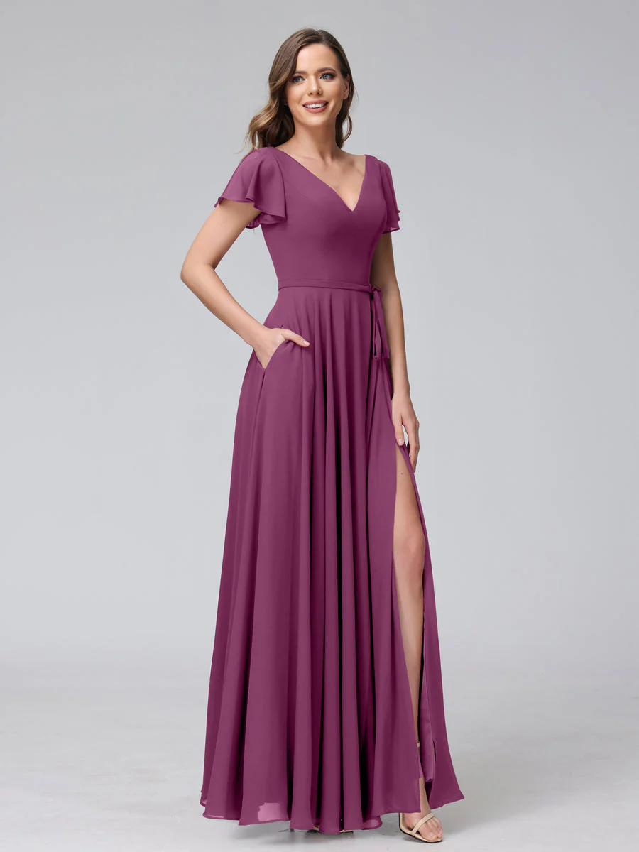A-Line V-Neck Ruffles Short Sleeves Long Chiffon Dresses With Split Side & Pockets - Image 43