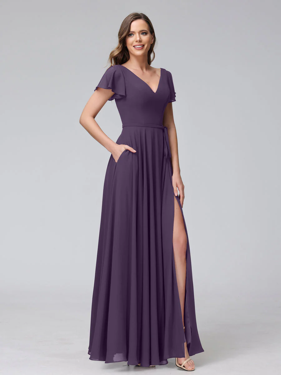 A-Line V-Neck Ruffles Short Sleeves Long Chiffon Dresses With Split Side & Pockets - Image 44