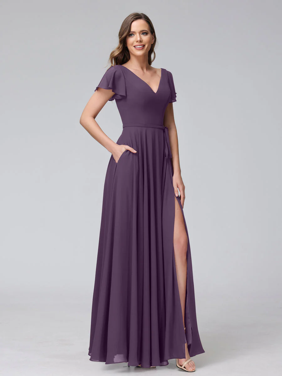 A-Line V-Neck Ruffles Short Sleeves Long Chiffon Dresses With Split Side & Pockets - Image 45