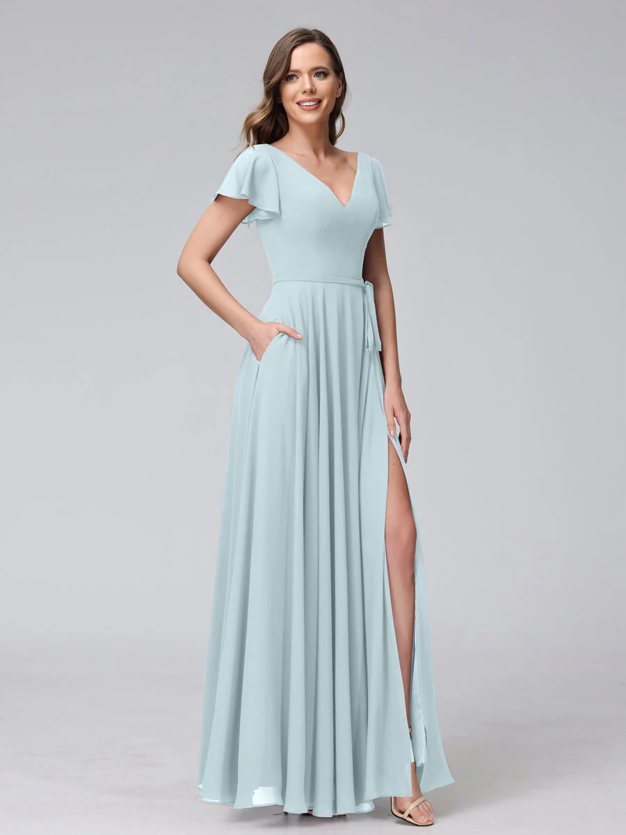 A-Line V-Neck Ruffles Short Sleeves Long Chiffon Dresses With Split Side & Pockets - Image 46