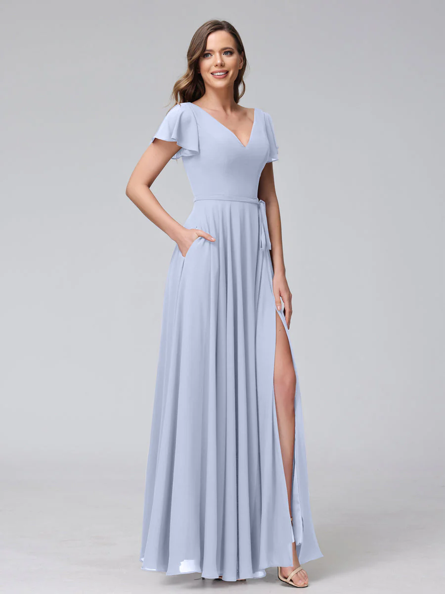 A-Line V-Neck Ruffles Short Sleeves Long Chiffon Dresses With Split Side & Pockets - Image 47