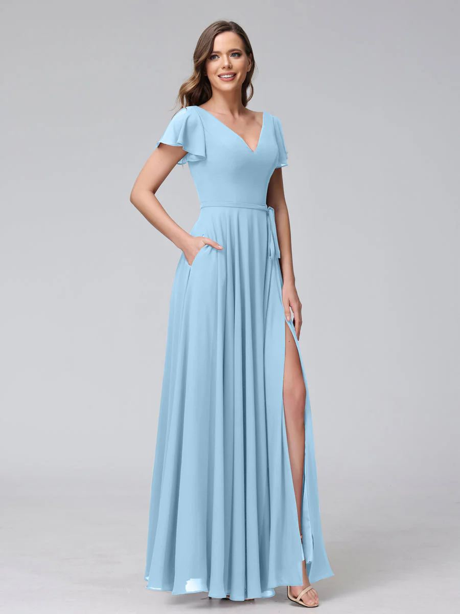 A-Line V-Neck Ruffles Short Sleeves Long Chiffon Dresses With Split Side & Pockets - Image 49