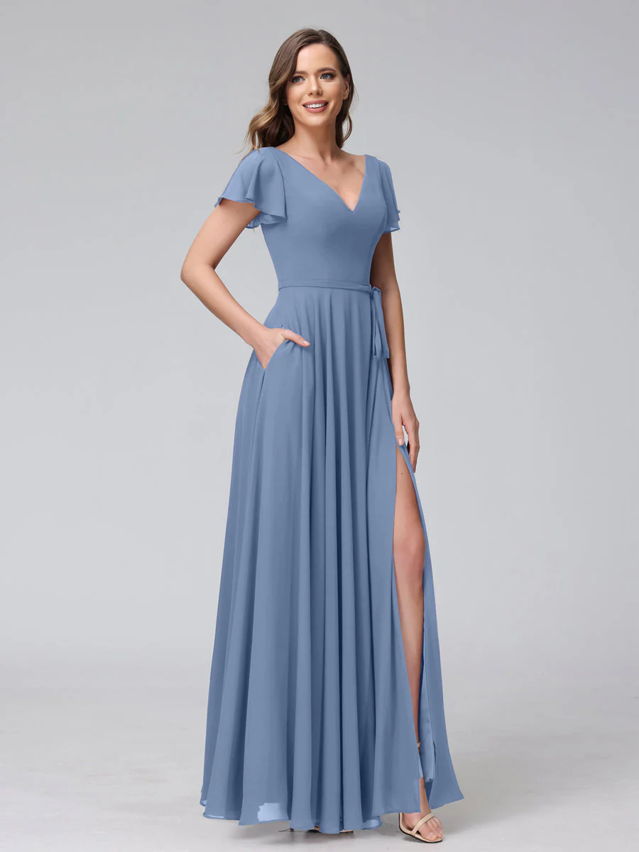 A-Line V-Neck Ruffles Short Sleeves Long Chiffon Dresses With Split Side & Pockets - Image 50