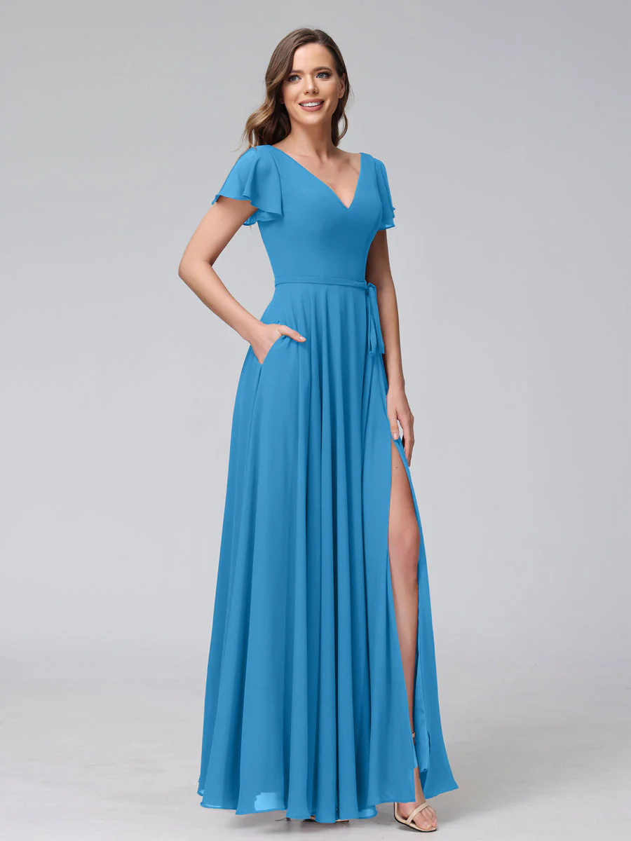 A-Line V-Neck Ruffles Short Sleeves Long Chiffon Dresses With Split Side & Pockets - Image 52