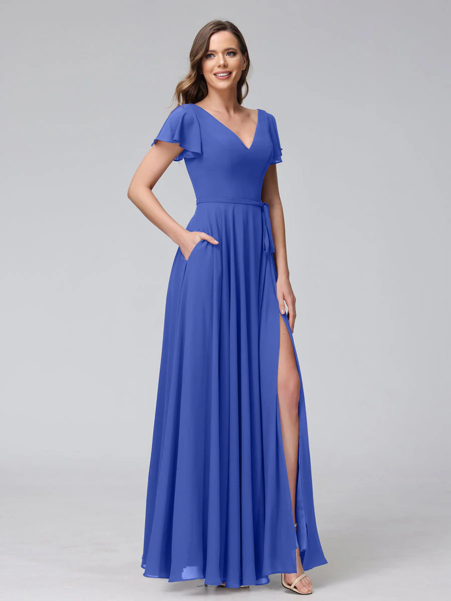 A-Line V-Neck Ruffles Short Sleeves Long Chiffon Dresses With Split Side & Pockets - Image 53