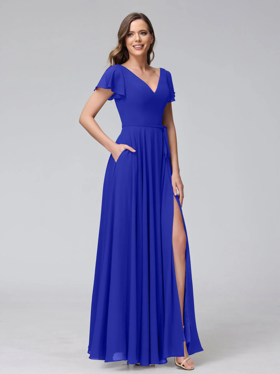 A-Line V-Neck Ruffles Short Sleeves Long Chiffon Dresses With Split Side & Pockets - Image 54
